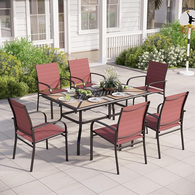 MIXPATIO Outdoor Patio Dining Set 7 Piece Furniture Set with 6 Red Chairs and Wood-Like Table Top Rectangular Table for Deck Garden Backyard Lawn Poolside