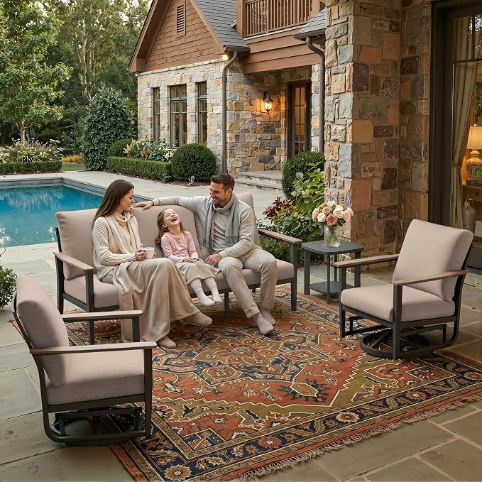 Aluminum Outdoor Patio Furniture Set, 4-Piece Outdoor Sofa with 5.1" Thick Cushions, 2 Swivel Rocking Chairs and 1 Side Table, Outdoor Couch for Backyard, Balcony, Khaki