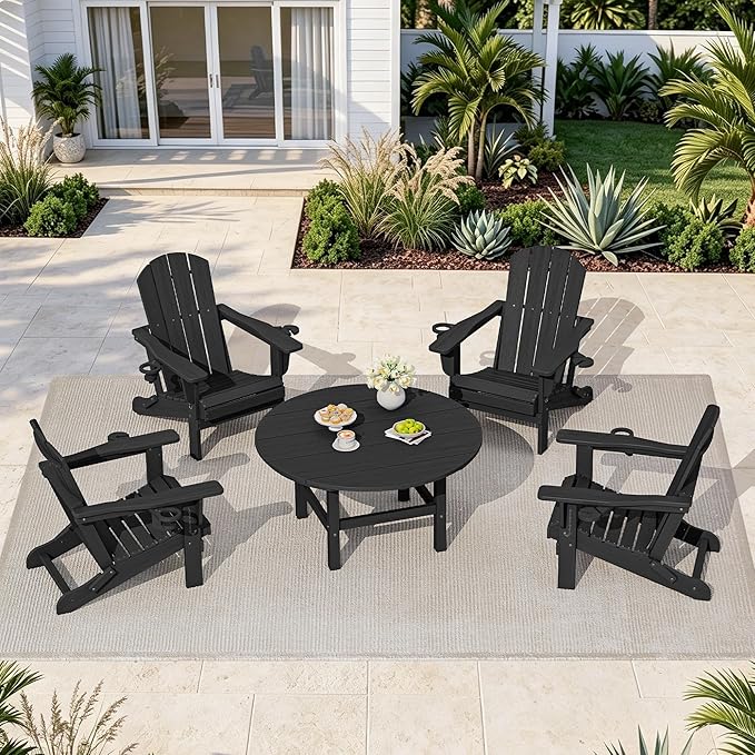 SERWALL 5-Piece Outdoor Furniture Set, Round Coffee Table with Umbrella Hole & Adirondack Chairs with Cup Holders, Black