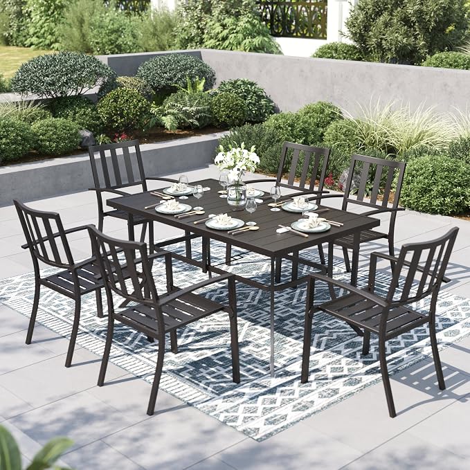PHI VILLA 7pcs Outdoor Table and Chairs,60” Rectangular w/Umbrella Hole | Outdoor Dining Set for 6 for Patio, Deck, Yard, Garden