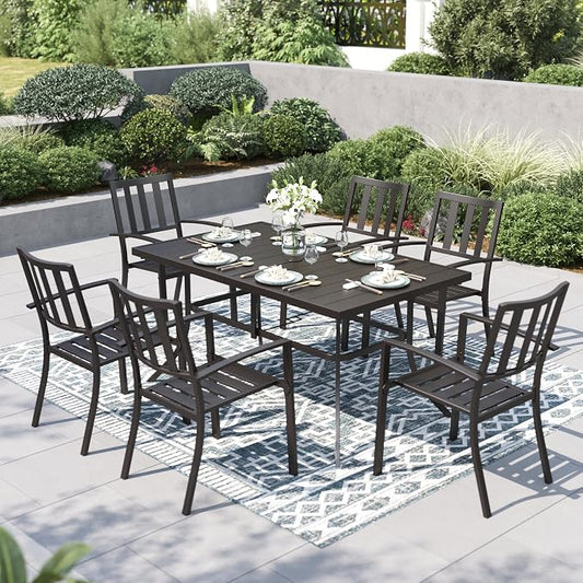 PHI VILLA 7pcs Outdoor Table and Chairs,60” Rectangular w/Umbrella Hole | Outdoor Dining Set for 6 for Patio, Deck, Yard, Garden