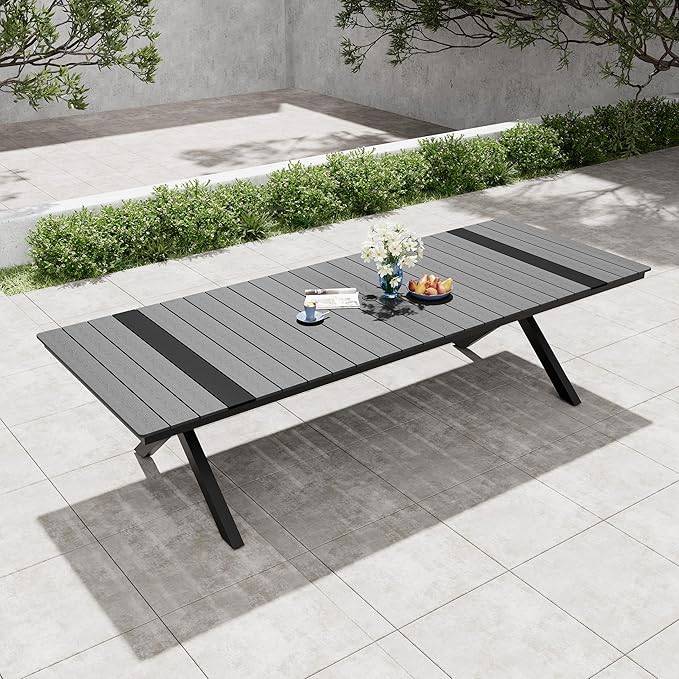 Pellebant 118" Outdoor Dining Table for 8-12, 10ft Aluminum Patio Table with Umbrella Hole, Weather Resistant Grey Wood Grain Tabletop and Sturdy Frame for Deck, Porch, Backyard