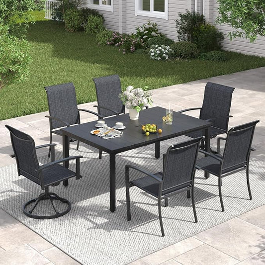 VICLLAX 7 Pieces Patio Dining Set for 6, 63" Rectangle Outdoor Table and Chairs (4 Fixed Chairs and 2 Swivel Chairs) for Deck Garden, Black