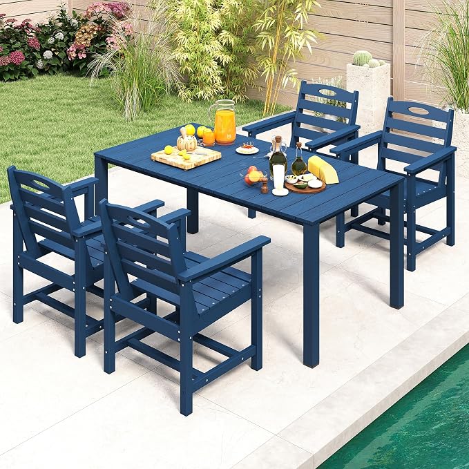 Domi HDPE Outdoor Dining Set, All-Weather 5 Piece Outdoor Dining Table Set with 2" Umbrella Hole, Outdoor Patio Dining Set for Garden, Poolside, Backyard, Deck, Blue