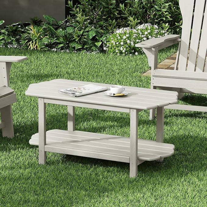 2 Tier Patio Table-White Outdoor Coffee Table Adirondack Balcony Table for Garden Pool