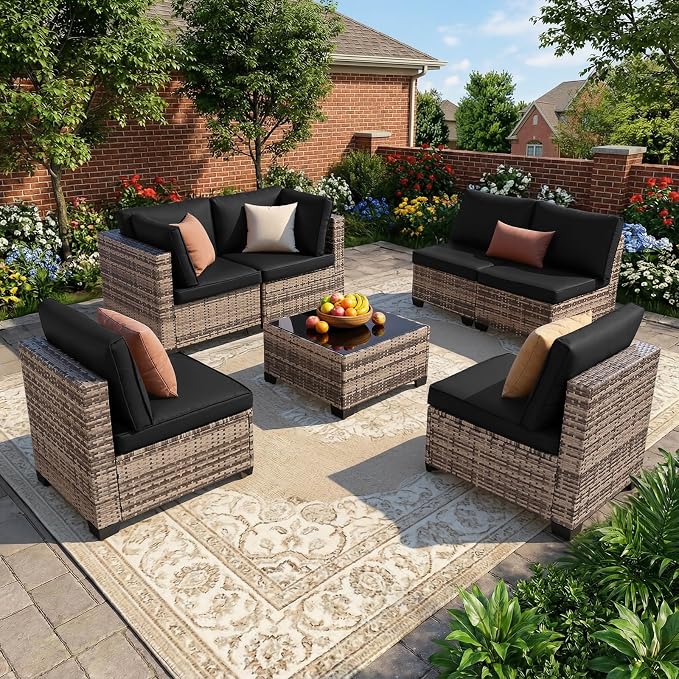 FHFO 7 Piece Outdoor Wicker Patio Furniture Set, Yellow/Black | Sectional Sofa | All-Weather Hand-Woven Rattan | Tempered Glass Coffee Table | Free Combination | Indoor & Outdoor Use