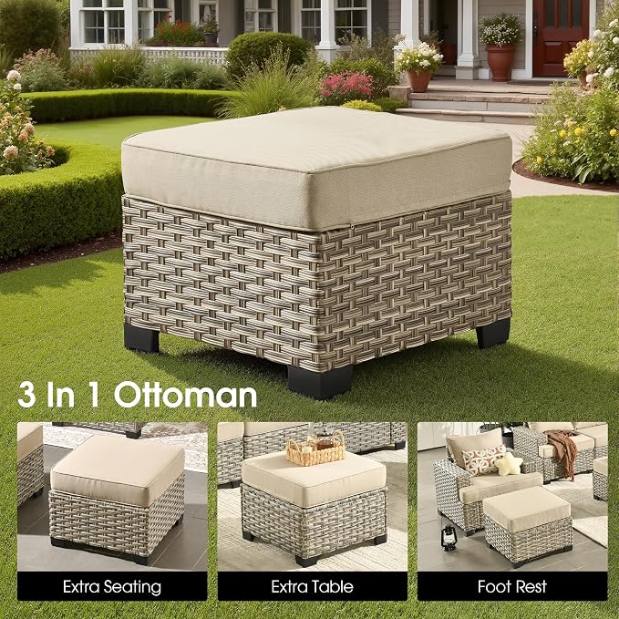 Outdoor Sectional Patio Furniture Set,9 Pieces All Weather Rattan Wicker Conversation Sets,Out Door Furniture with Ottoman Single Chair,Beige