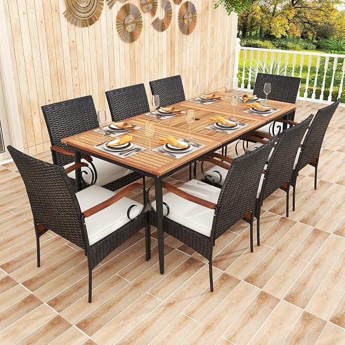 Tangkula 9-Piece Patio Dining Set, 79" Outdoor Dining Table & 8 Rattan-Woven Dining Chairs with Acacia Wood Tabletop, 1.9" Umbrella Hole, Scrollwork Arms, Seat Cushions, for Garden, Porch, Deck