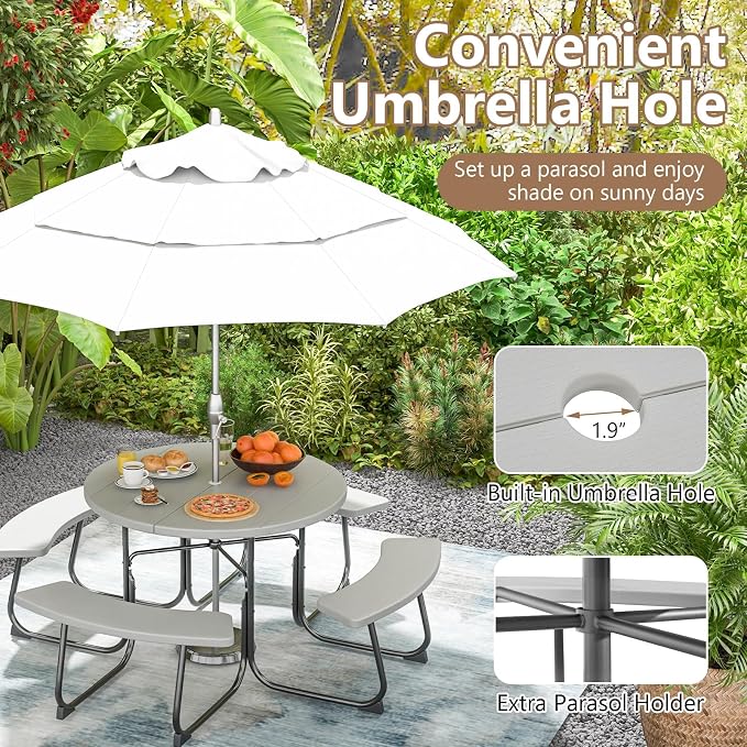 HAPPYGRILL 8-Person Picnic Table Bench Set with Umbrella Hole, 43” Outdoor Dining Table w/4 Benches, Wood-Like Texture Tabletop, Stable U-Shaped Base, Round Table for Backyards, Grey