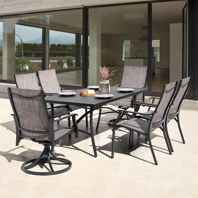NUU GARDEN 7 Piece Outdoor Patio Dining Set, 63" x 36" Aluminum Dining Table with 1.97" Umbrella Hole, 4 Textilene Patio Chairs and 2 Patio Swivel Chairs for Garden,Backyard, Brown&Black