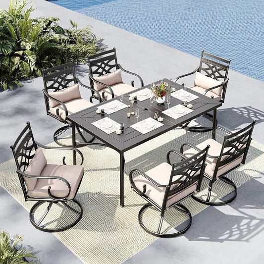 MFSTUDIO 7-Piece Patio Dining Set, 64" Metal Table, Swivel Chairs, Seats 6 | Umbrella Hole