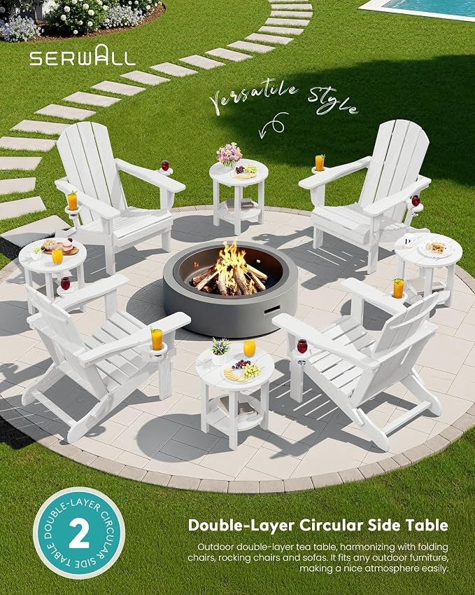 SERWALL Round Outdoor Side Table, HDPE Small Adirondack End Table,2-Tier Patio Side Table for Backyard Pool Porch Garden Lawn, White