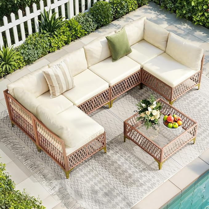 Pamapic 7-Piece Wicker Outdoor Furniture Set, Boho Sectional Sofa Patio Conversation Set with Washable Cushions & Glass Coffee Table, All-Weather Patio Furniture Set for Backyard, Porch, Cream