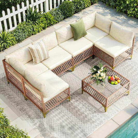 Pamapic 7-Piece Wicker Outdoor Furniture Set, Boho Sectional Sofa Patio Conversation Set with Washable Cushions & Glass Coffee Table, All-Weather Patio Furniture Set for Backyard, Porch, Cream