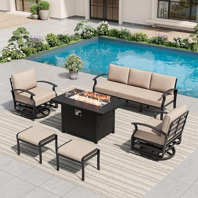 Aluminum Outdoor Patio Furniture Set,6 Pieces 5 Seats Patio Conversation Sets with 45" Propane Fire Pit Table,Metal Furniture Set with 2 Swivel Rocking Chairs & 2 Ottomans,Sand