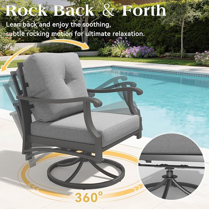 Outdoor Swivel Rocker Chairs w/2 Ottomans, Coffee Table, 5 Piece Metal Patio Conversation Bistro Set with 5" Thickened Cushions, Aluminum Frame for Porch, Yard, Balcony, Gray
