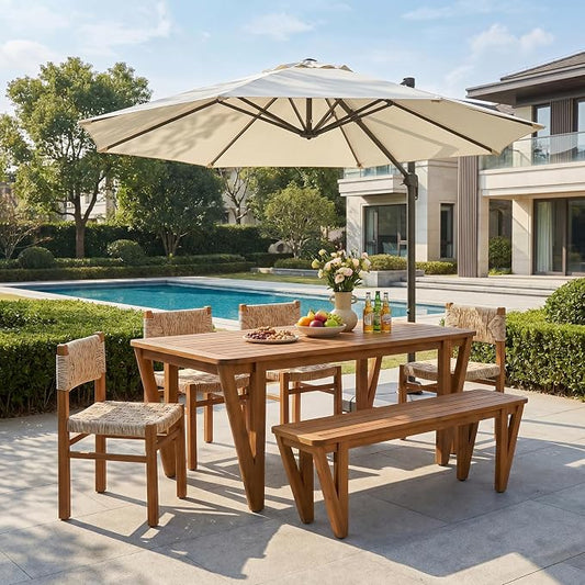 Christopher Knight Home Alson Acacia Wood Patio Dining Set with Bench, Solid Wood Outdoor Dining Table Set for 6, Outdoor Dining Set with Woven Wicker Accent, Teak+Light Grey