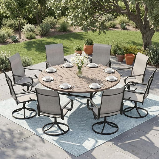 9 Pieces Patio Dining Set, 8 Outdoor Swivel Dining Chairs with 60.1" Round Metal Outdoor Dining Table with Umbrella Hole for Garden Backyard Deck, Grey