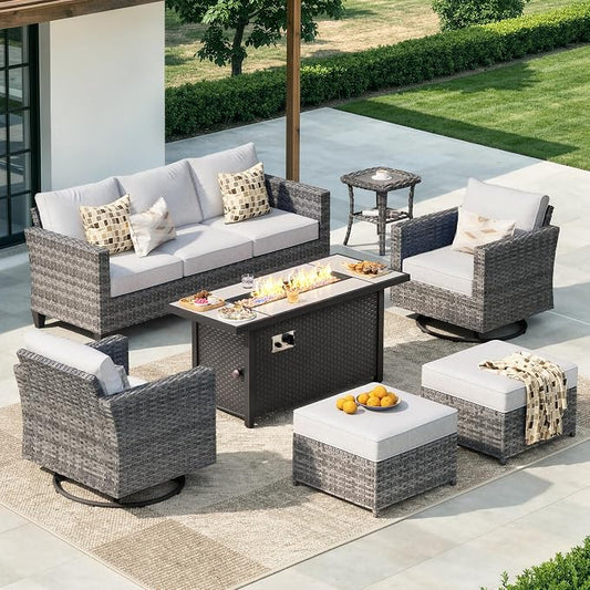 CAODOC 7-Piece Outdoor Wicker Patio Set with 7 Seats, Including 53" Fire Pit - Swivel Rocker Chairs and Conversation Set for Backyard or Lawn, Gray Rattan with Waterproof Gray Cushions