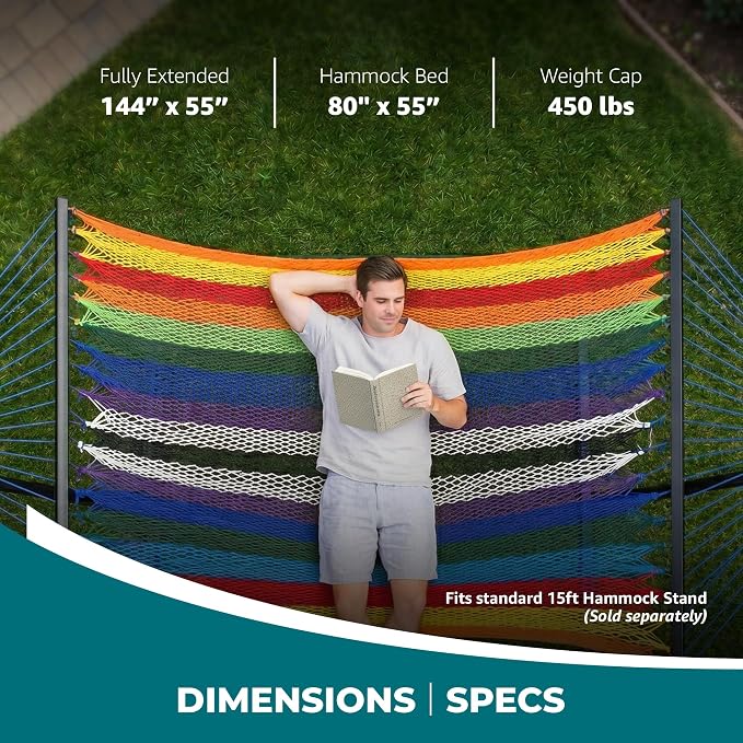 Bliss Hammocks 2-Person Hammock, Weekender 80" x 55" Double Seater Hammock w/Woven Polyester Rope & Wood Spreader Bar - 450 Pound Capacity, Multicolor