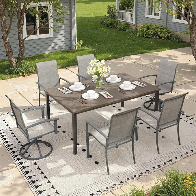 7 Pieces Outdoor Dining Set, 63" Rectangular Patio Table and Chairs Set with 2 Swivel Chairs & 4 Stationary Chairs for Deck Lawn Backyard, Grey & Grey
