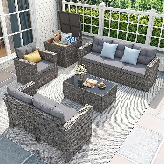 JOIVI 8 Pieces Patio Furniture Set with Storage Box, Rattan Patio Conversation Set, Rattan Couch Sectional Sofa Set with Cushions and Coffee Table for Outside Porch, Deck, Gray