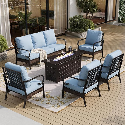 SUNSHINE VALLEY 6 Piece Black Metal Outdoor Patio Furniture Sets with Firepit Table, Patio Conversation Sets 1 3-Seater Sofa, 4 Single Sofa with 5.75" Extra Cushion Backyard Furniture for Deck, Blue