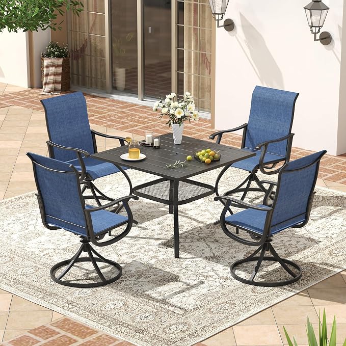 VICLLAX Patio 5 Pieces Outdoor Dining Set for 4, 38" Square Metal Dining Table with Umbrella Hole and 4 Swivel Textilene Chairs for Lawn,Garden,Porch,Black/Dark Blue
