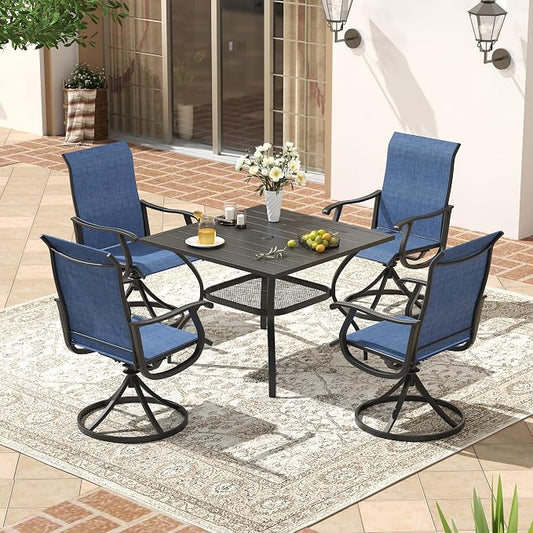 VICLLAX Patio 5 Pieces Outdoor Dining Set for 4, 38" Square Metal Dining Table with Umbrella Hole and 4 Swivel Textilene Chairs for Lawn,Garden,Porch,Black/Dark Blue