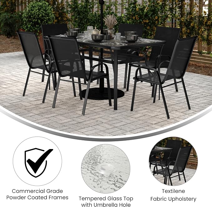 Merrick Lane Bardwell 7-Piece Outdoor Dining Table Set for 6, Glass Top Table with Hole for Umbrella, 6 Breathable Textilene Stackable Patio Chairs, Black/Black