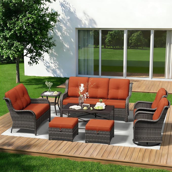 8 Piece Outdoor Wicker Patio Furniture Set, Outdoor Swivel Rocker Patio Chairs Set with Thickened Olefin Cushions, High Back and Deep Seating, Hand-Woven PE Rattan for Porch, Deck