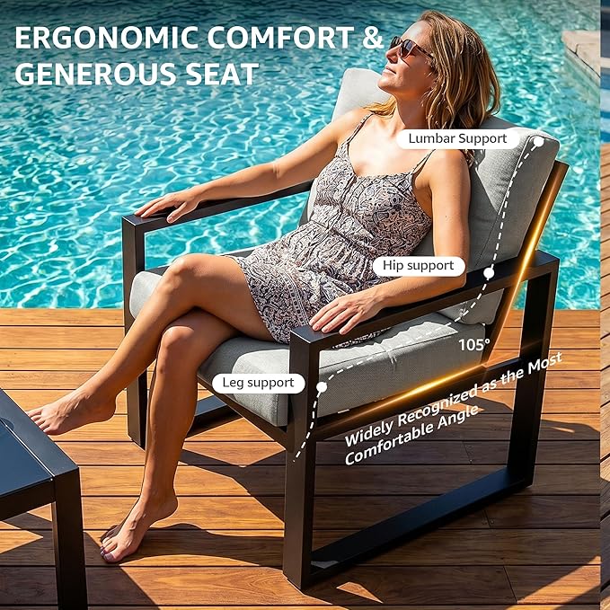 NATURAL EXPRESSIONS 4 Pieces Patio Furniture Sets,Outdoor Metal Sectional Furniture Modern Patio Conversation Set,Fauxwood Anti-Scald Armrest,Sling Mesh,Tempered-Glass Table,4" Olefin Cushions