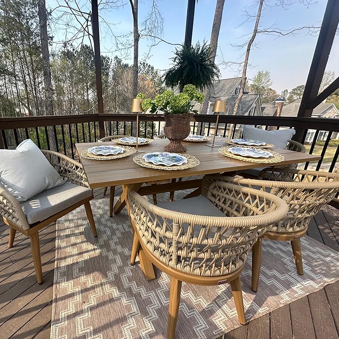 PURPLE LEAF 7 Pieces Outdoor Dining Set All-Weather PE Rattan Outdoor Patio Furniture Set with All Aluminum Frame Rectangular Table and Chairs Set for Lawn Garden Backyard Deck, Teak