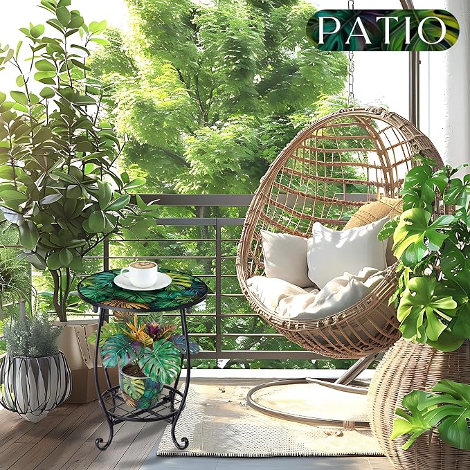 Cinnvoice Outdoor Side Table Round Small Mosaic Patio Accent Indoor End Plant Coffee Tea Table for Yard Patio Porch Garden Living Room, Bedroom (Monster Leaf Style,14 Inch)