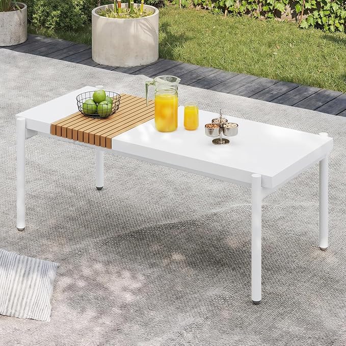 Sundale Outdoor Modern Metal Outdoor Coffee Table with Slatted Wood-Look Tabletop Design, Weather-Resistant Patio Side Table for Garden, Balcony, Poolside(White)