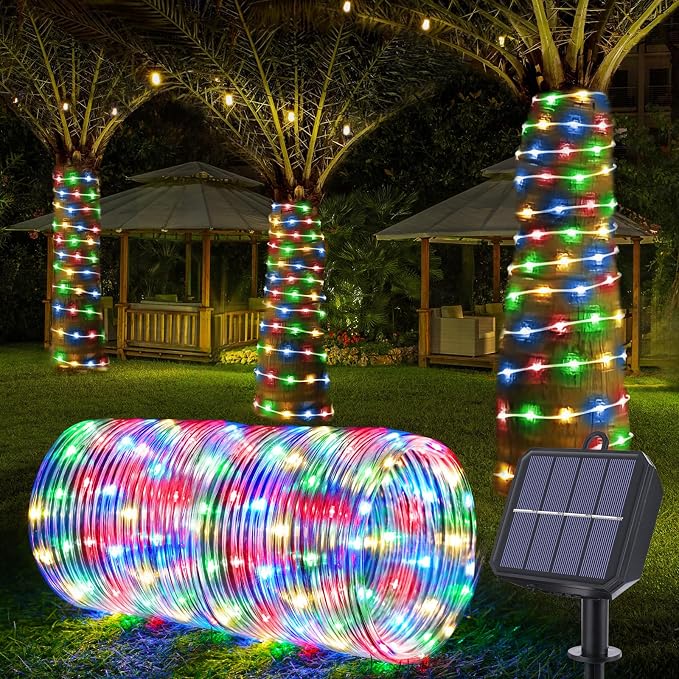Solar Rope Lights, 33ft 100LED Solar String Lights, 8 Modes Waterproof Solar Outdoor Light, Flexible Clear Trampoline Light for Garden Backyard Patio Deck Porch, Pool Tree Decoration - Multicolor