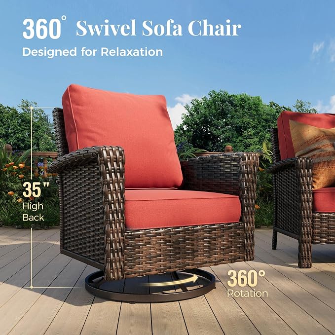 MIXPATIO 5-Piece Wicker Patio Furniture Set, High Back Outdoor Swivel Chairs with Comfy Ottoman, 5.5-inch Thick Cushion, All-Weather Wicker Patio Conversation Set for Deck Yard Pool, Red