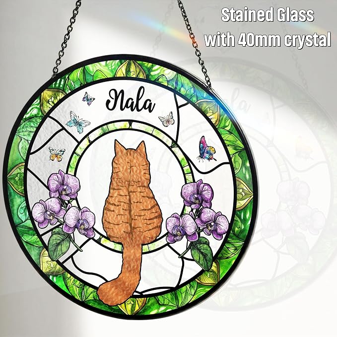 Personalized Cat Stained Glass Suncatcher, Custom Name Pet Photo Memorial Ornament, Window Hanging Sympathy Gift for Loss of Pet, Cat Bereavement Keepsake, Remembrance Gift for Pet Lovers