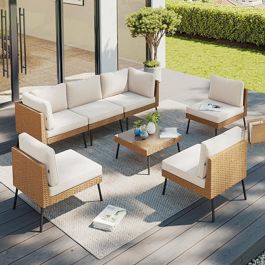 Aoxun Patio Furniture Set, 7 Piece Outdoor Sectional Sofas with Thick Cushion, Wicker Outdoor Patio Furniture Set with Coffee Table for Party, Garden, Backyard, Beige