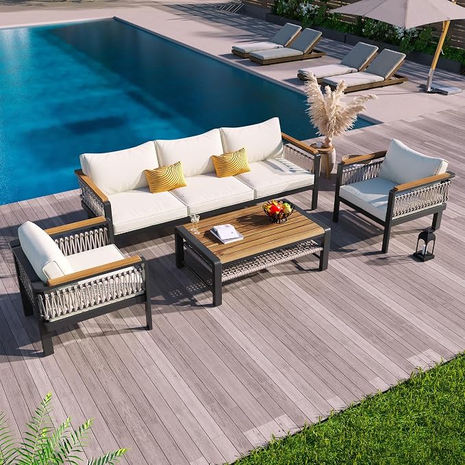 4 Pieces Outdoor Sectional Sofa Set 5-Person Patio Seating Group Outdoor Conversation Set with Cushions and a Coffee Table for Patios, Gardens,or Balcony (Beige#30)