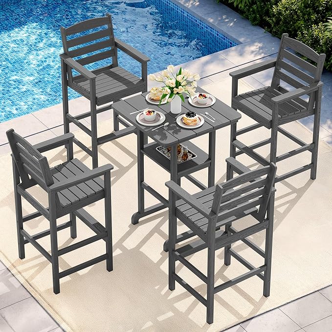 SERWALL Adirondack Bar Chairs and Table 5 Pieces Set, HDPE Bar Height Chairs Set of 2 and Bar Table with Ice Bucket, Outdoor Bar Stools Set for Balcony, Poolside, Backyard, Grey