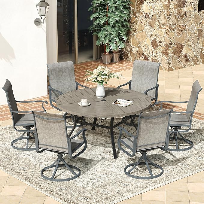 VICLLAX 53" Round Patio Dining Table for 6-8, All Weather Metal Outdoor Table with 1.57" Umbrella Hole and Surdy Frame for Garden Lawn Deck, Grey