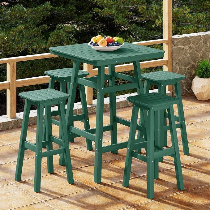 Costaelm Outdoor Bar Table, 42" Counter Height Square Patio Cocktail Bar Table with Umbrella Hole, Patio Bistro Dining Pub Table for Front Porch Deck Backyard Garden, Dark Green