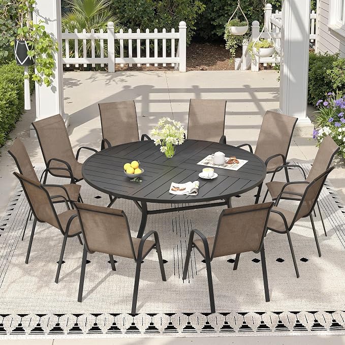 11 Pieces Outdoor Dining Set, 63.1" Spliced Patio Table with Umbrella Hole & Stackable Outdoor Dining Chairs, Patio Furniture Set for Deck Garden Porch, Brown Chairs & Black Table