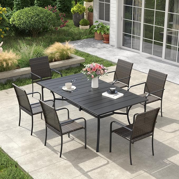 VICLLAX 7 Pieces Patio Dining Set, 6 Stakable Wicker Outdoor Chairs and Patio Rectangular Table with Umbrella Hole for Backyard Lawn Deck, Black Tabletop