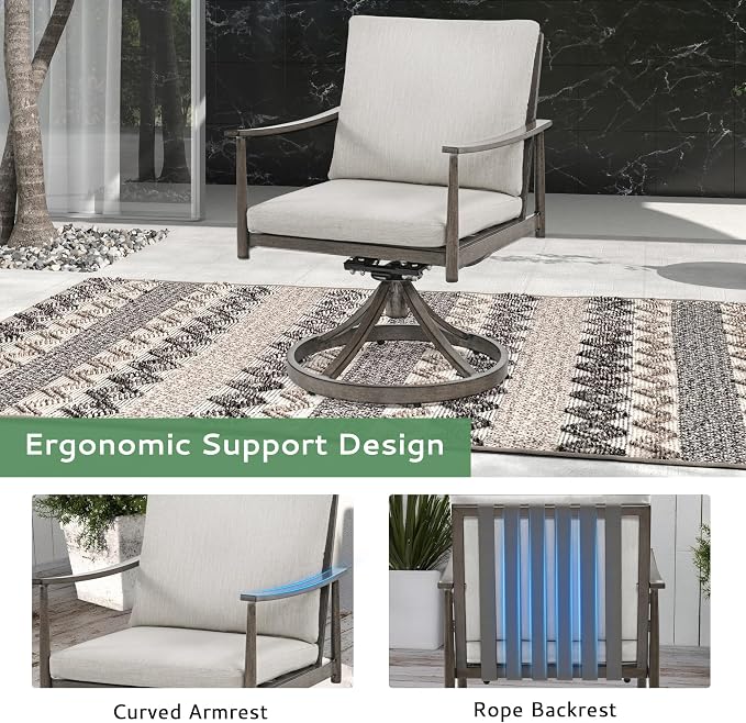 9-Piece Outdoor Dining Set for 8, Aluminum Dining Set with Cushions, 8 Swivel Chairs with Rope Backrest, Large Rectangular Table with Umbrella Hole, Patio Dining Set for Lawn Porch Yard,Grey