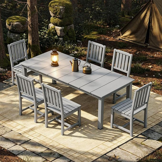 AreShark 7-Piece Outdoor Dining Set,HDPE Patio Table with 6 Armless Chairs,All-Weather Patio Furniture Set with Umbrella Hole,Low Maintenance Wood Grain Dining Set for Backyard,Garden,Poolside,Black