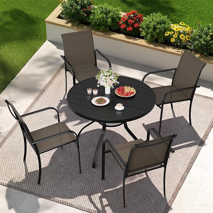 SUNCROWN 5 - Piece Outdoor Dining Set, Patio Furniture Set with 4 x Textilene Dinning Chairs and 41" Metal Round Table with Umbrella Hole for Lawn Garden Backyard Deck, Brown