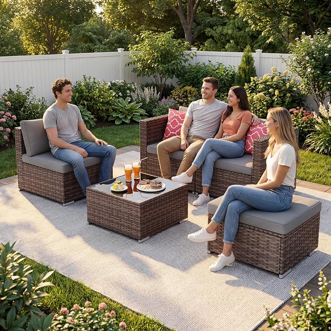 Ahomly 5 Piece Outdoor Patio Furniture Set, PE Wicker Rattan Sectional Sofa with Cushions and Glass Coffee Table, Outdoor Furniture Set for Garden Yard Porch, Grey