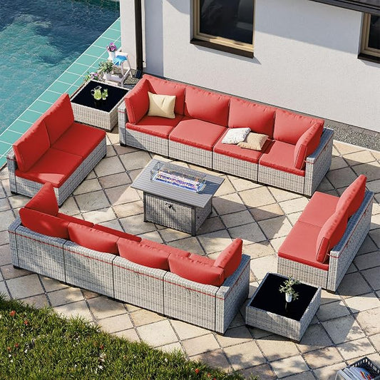 15-Piece Patio Furniture Set, Outdoor Patio Furniture with 55,000 BTU Fire Pit Table, Thick Cushions, Modular Patio Sofa, Dual-Strand Wicker Rattan, Rust-Resistant Frame, Red